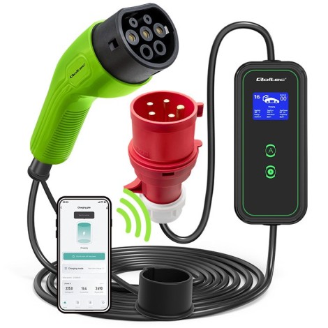 Qoltec Mobile EV Car Charger Adjustable 2in1 Type2 | 11kW | CEE 5 PIN | Wi-fi| LCD | 3 phases | Portable | Wallbox | 5m