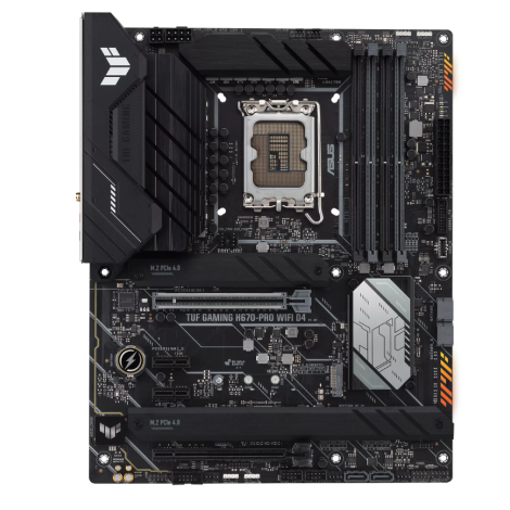 Asus | TUF GAMING H670-PRO WIFI D4 | Processor family Intel | Processor socket  LGA1700 | DDR4 DIMM | Memory slots 4 | Supported hard disk drive interfaces SATA, M.2 | Number of SATA connectors 4 | Chipset H670 | ATX