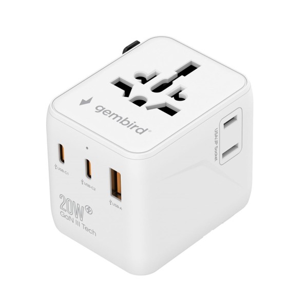 Gembird TPA-1A2C20-01-W Universal travel power adapter, ...