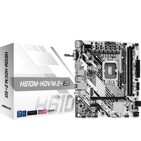 Mainboard|ASROCK|Intel H610|LGA1700|Micro-ATX|Memory DDR5|Memory slots 2|1xPCI-Express 3.0 1x|1xPCI-Express 4.0 16x|1xM.2|1x15pin D-sub|1xHDMI|1xDisplayPort|1xAudio-In|1xAudio-Out|1xMicrophone|4xUSB 2.0|1xUSB 3.2|1xUSB-C|1xPS/2|1xRJ45|H610M-HDV/M.2+D5
