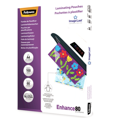 Fellowes | Laminating Pouch PREMIUM | A4 | Clear | Enhance 80 Micron thickness, 216x303 mm - A4, 100 pcs; Unique directional arrow quality mark disappears when laminated.