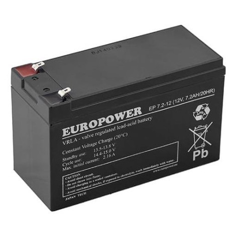 BATTERY 12V 7.2AH VRLA/EP7.2-12 T2 EUROPOWER EMU